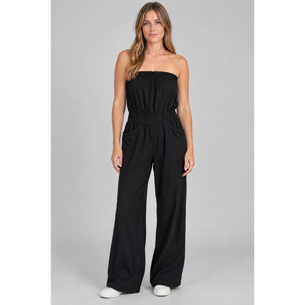 Vintage 100% Linen Strapless Jumpsuit Women Medium Black Resort Old Money Y2K